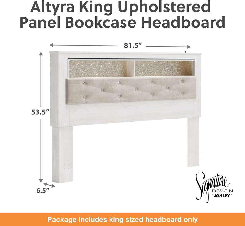 Ashley Altyra King Upholstered Panel Headboard - Modern Glam, White