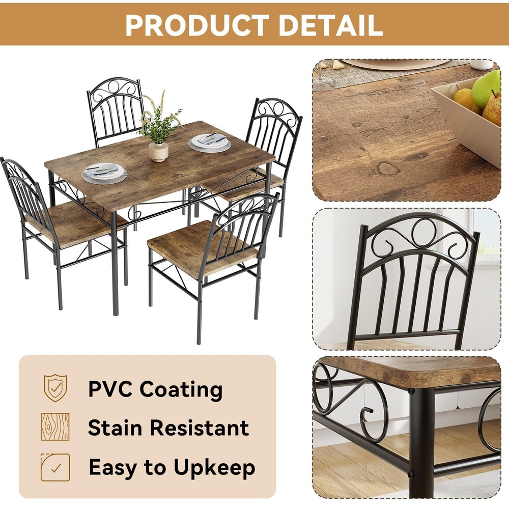 5-Piece Kitchen Dining Table Set for 4, Rectangular Dinette with Wooden Chairs