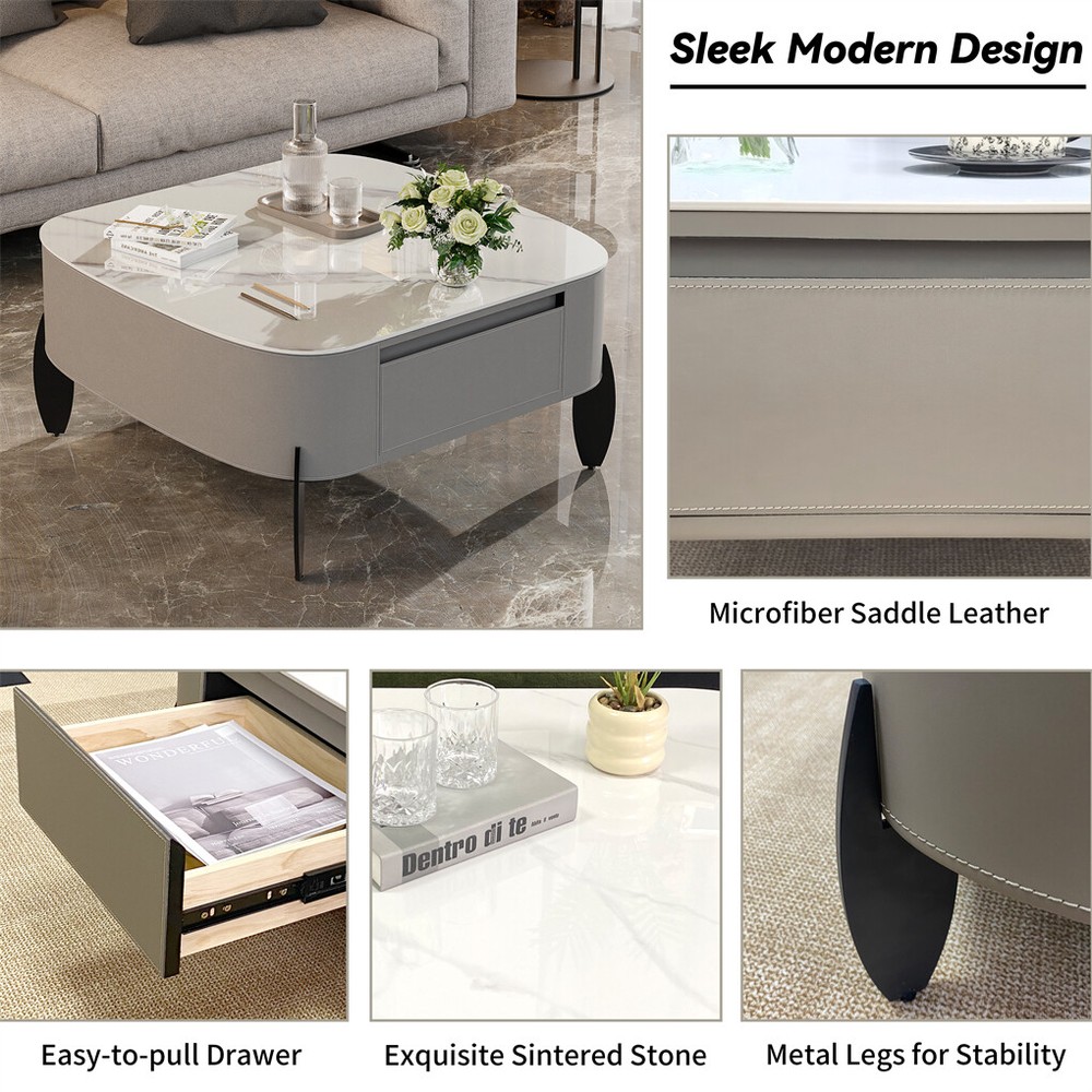 Square Marble Coffee Table Microfiber Saddle Leather Center Table with 2 Drawers