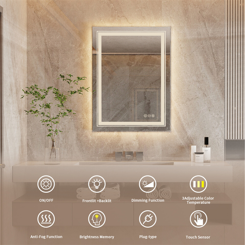 LED Mirror for Bathroom Vanity Front Light + Backlit Stepless Dimmable Anti-Fog