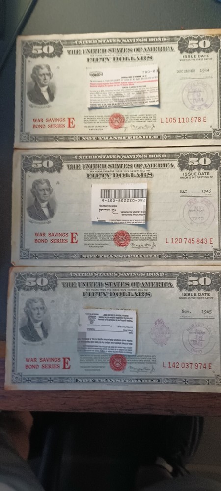 THREE - World War 2 - War Savings Bonds Fifty Dollars - Series E - UNCASHED