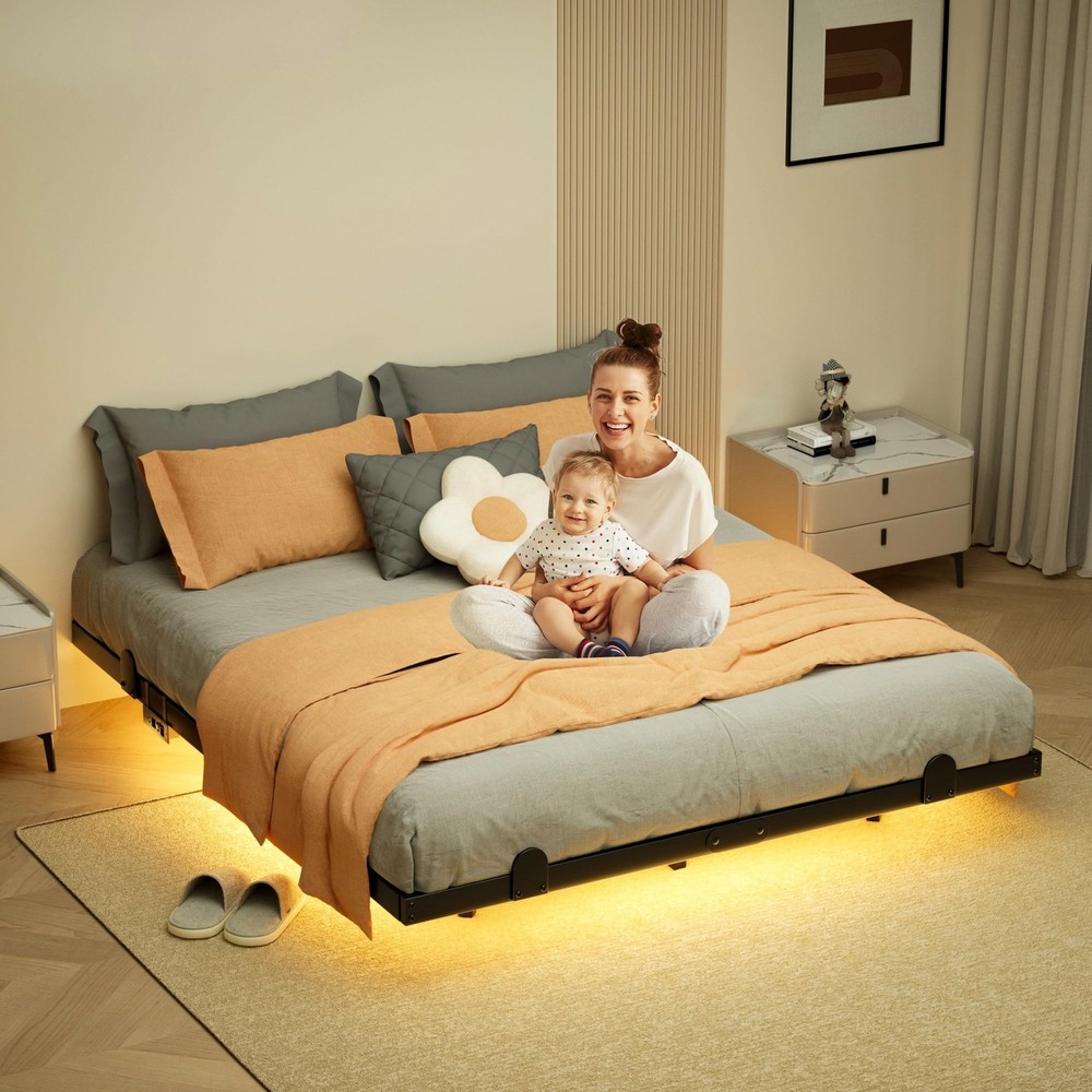 Floating Bed Frame Full Size with Smart LED Lights and Charging Station - Mod...