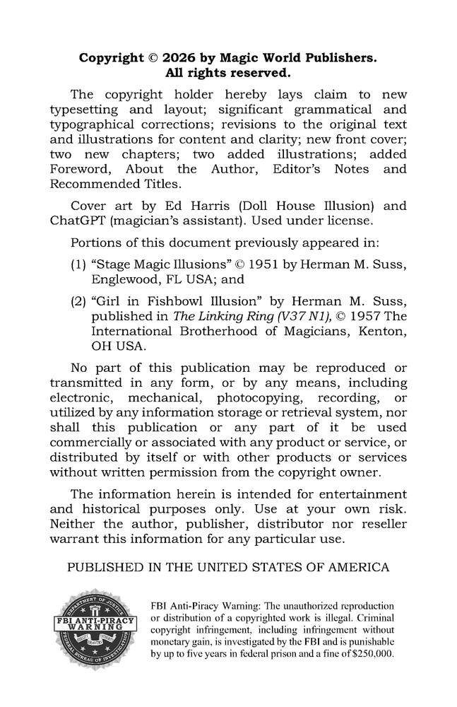Carnival and Stage Magic Illusions by Herman M. Suss