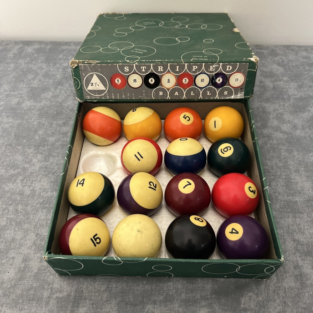 Vintage Striped Pool Ball Set w/ Original Box – 2¼″ Regulation Size (Missing #2)