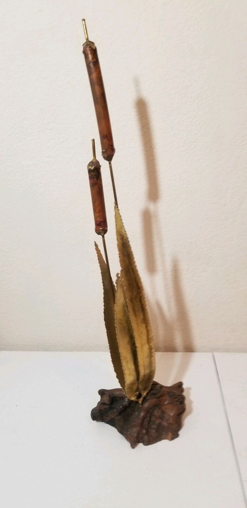 Cliff Hyink Brutalist Brass,Cooper Button Willow Sculpture On Wood Base Signed