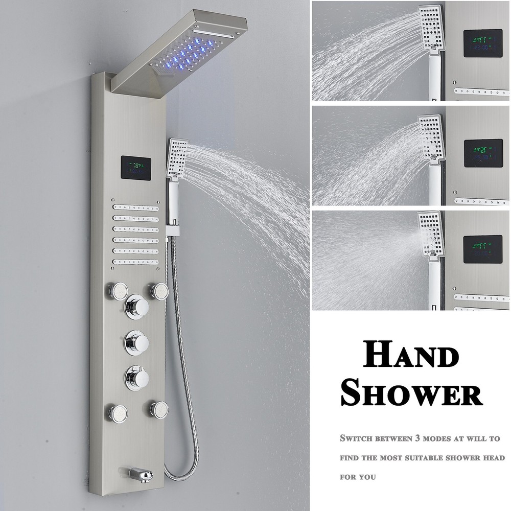 ELLO&ALLO Shower Panel Tower System Brushed Nickel LED Rainfall Massage Jets Tap