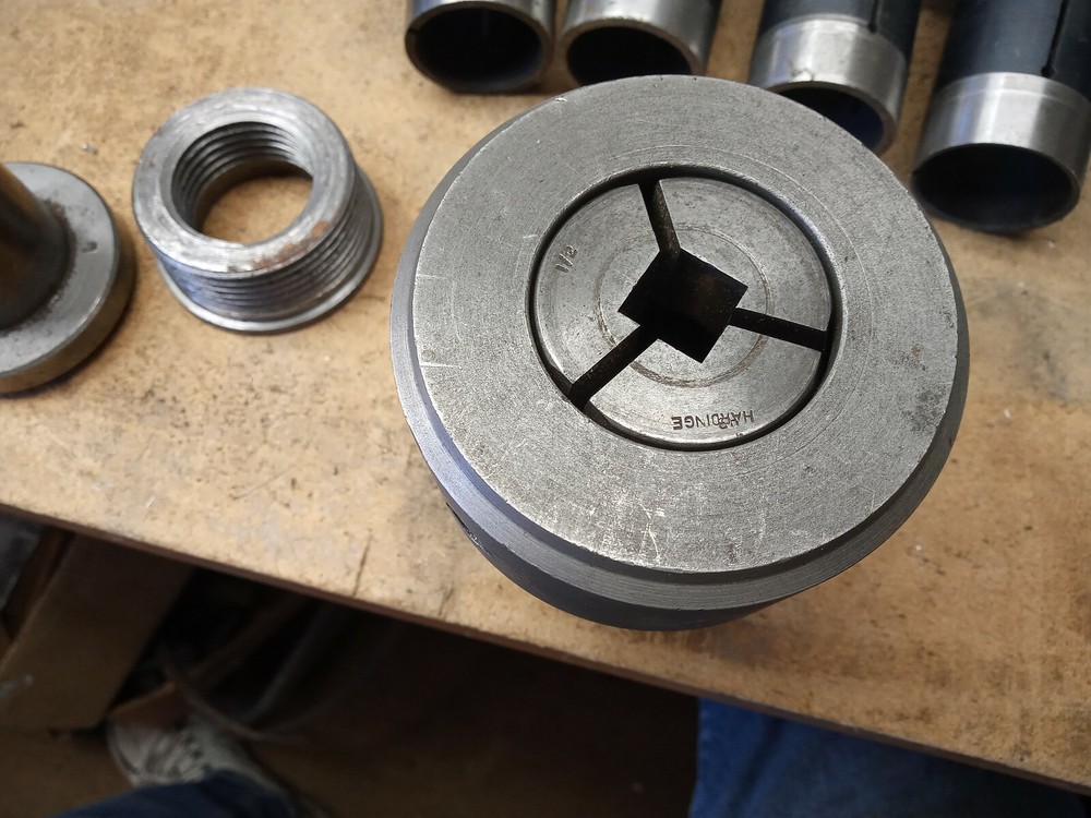 13 Hardinge collets, square, hex with chuck and ect NO THREADS (SEE DESCRIPTION)