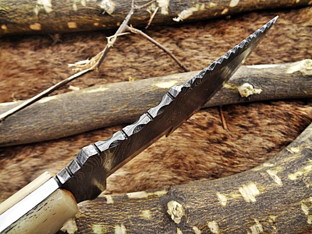 10" Long tracker Knife, Damascus steel Blade, Bone scale, Leather sheath