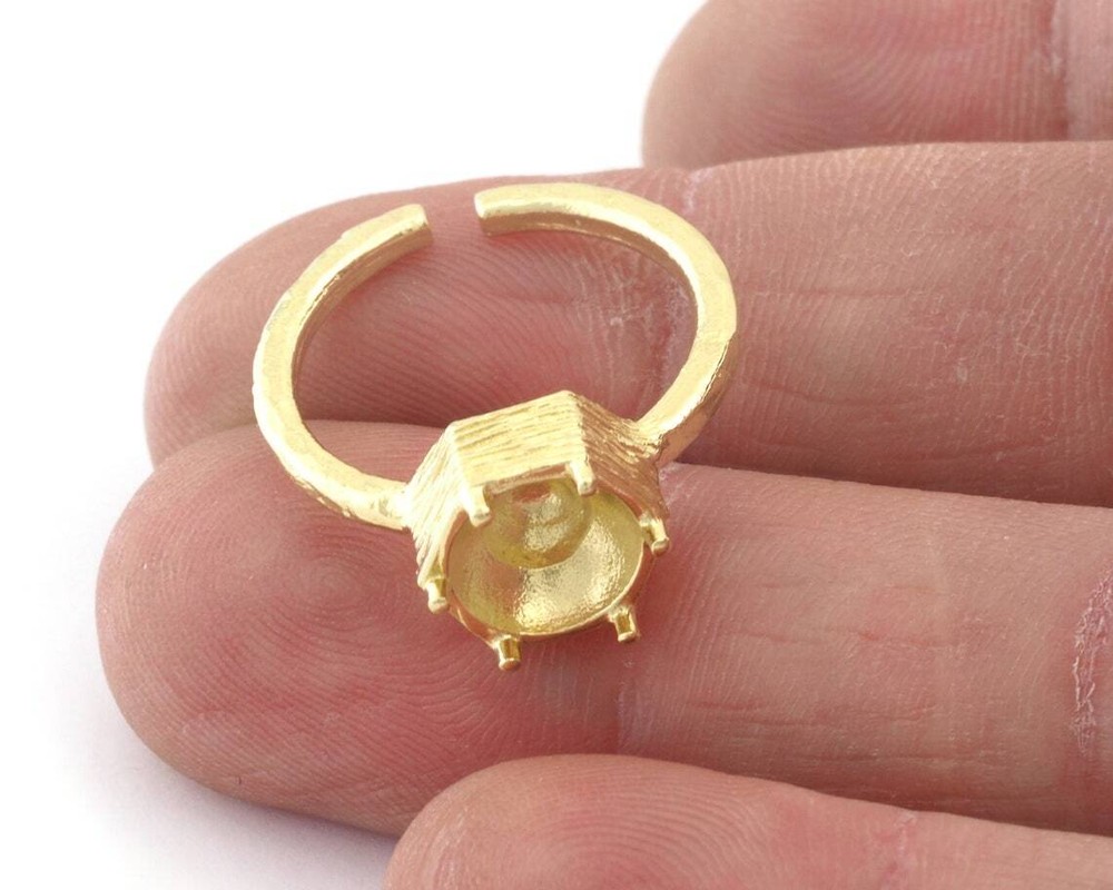 Hexagonal Brushed Edge Base Adjustable Ring Shiny Silver-Gold raw brass 4718