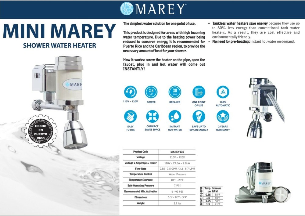 NEW MAREY HOME COMPACT TANKLESS SHOWER WATER HEATER MINI MAREY 110V 2.6KW