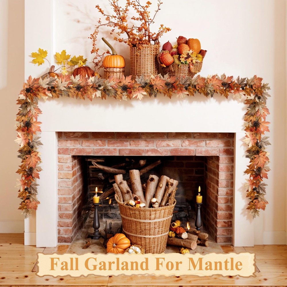 6 FT Fall Garland with Lights Timer Function Fall Leaves Garland with Berries...