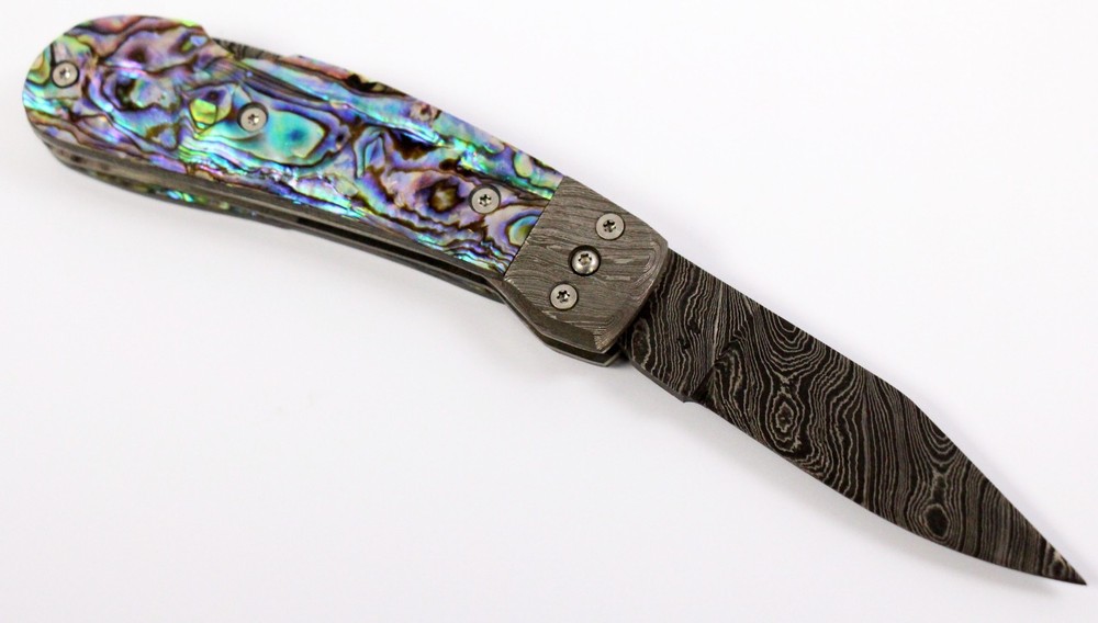 Perry Wingo Custom Linerlock Damascus Abalone Folding Knife