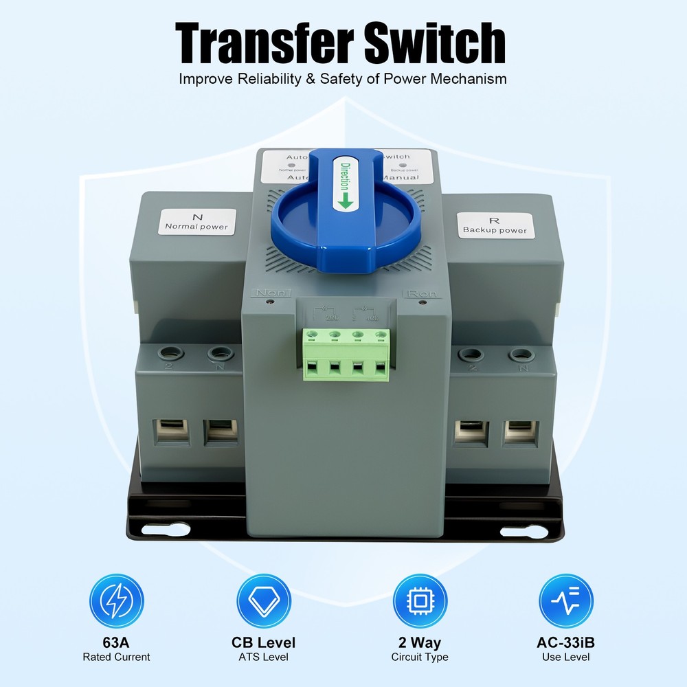 63A ATS Dual Power Automatic Transfer Switch for Generator Changeover Switch 2P