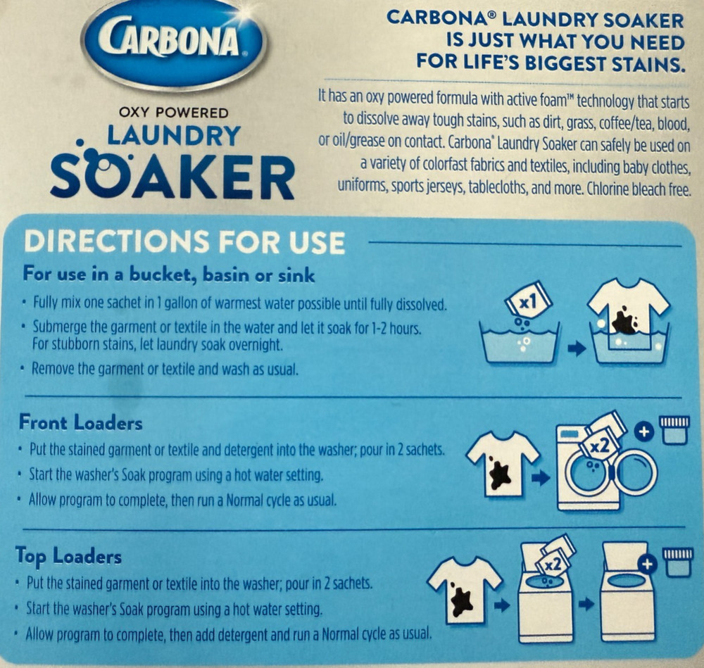 Carbona Oxy Powered Laundry Stain Soaker Fresh Scent 3 Sachets NEW