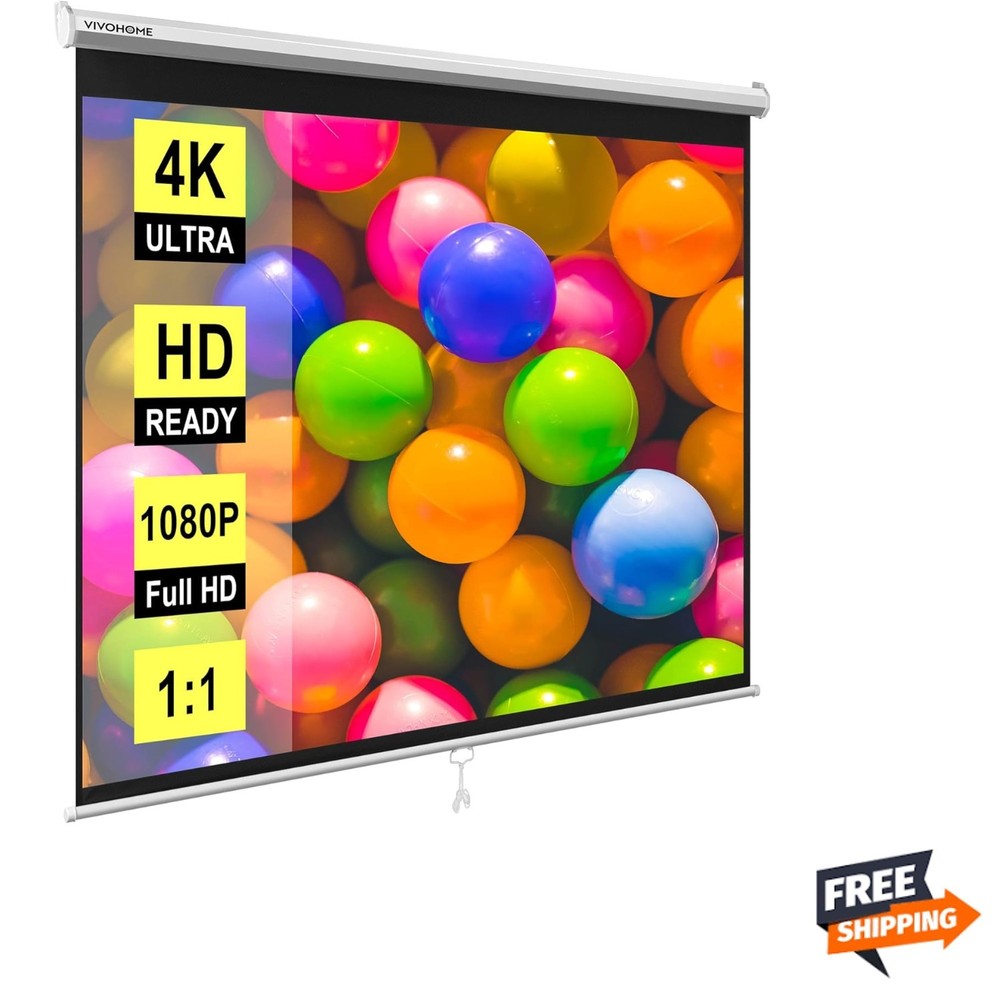 Projector Screen Pull Down, 1:1 120 Inch Retractable Projection Screen, HD 4K...