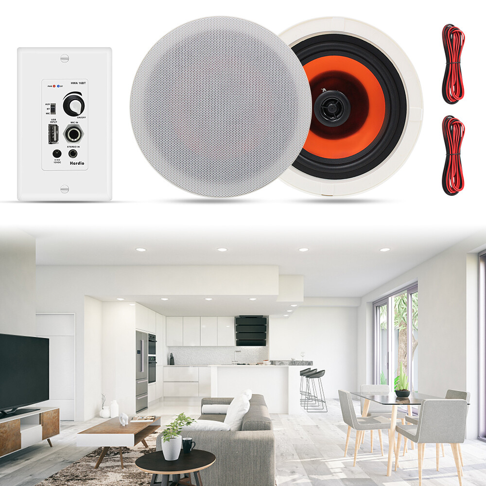 Herdio 6.5" Ceiling Speakers Bluetooth Wall Amplifier Flush Mount Stereo 2Pcs*