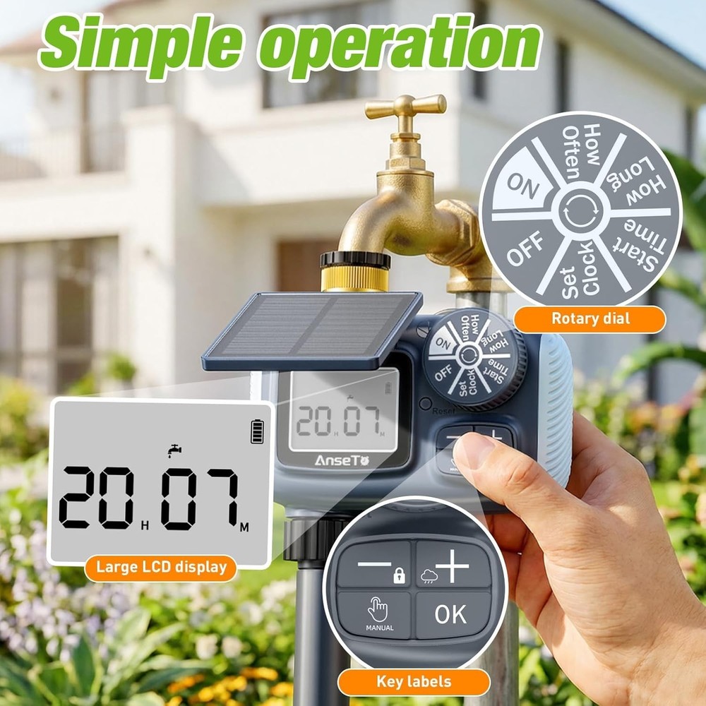 Solar Sprinkler Timer, Solar & Type-C Rechargeable Water Timer for Garden Hose