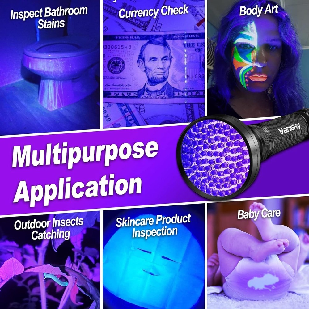 Ultra Bright 100 LED UV Flashlight - Effective Pet Urine & Bed Bug Detector