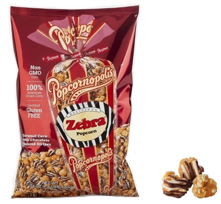 Popcornopolis Zebra Popcorn, Caramel Corn with Chocolate Drizzle, 24 oz