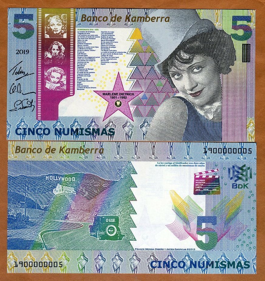 Kamberra, Kingdom, 5 Numismas, 2019, UNC Marlene Dietrich