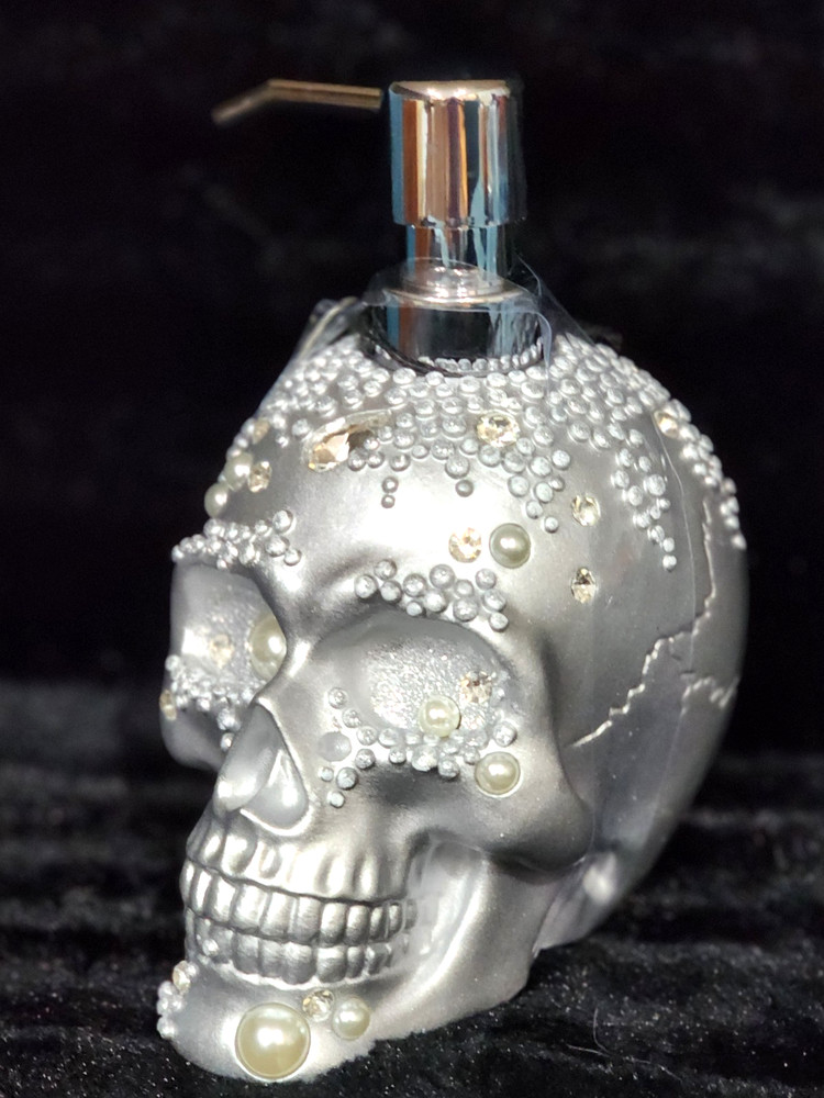 Halloween Silver Skull Pearls Gems Soap Lotion Dispenser 7" Pump Bath Kitchen