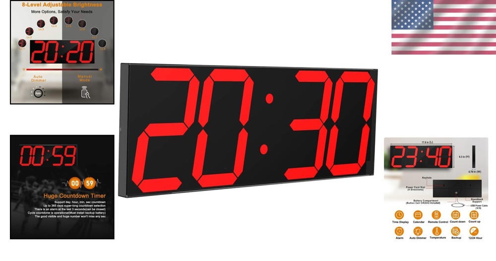 Big Red Digital Wall Clock - 6" Numbers, Countdown Timer, Brightness