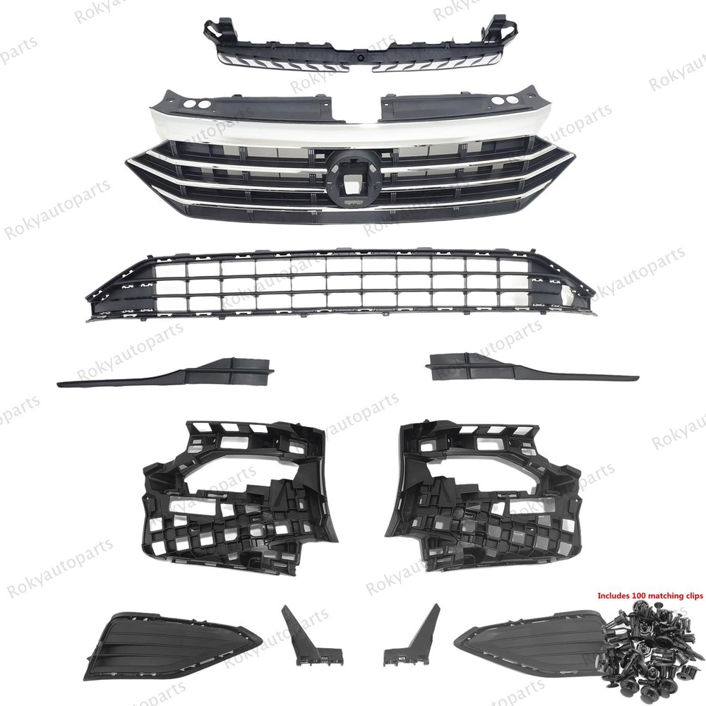 11PC For Jetta 2019-2021 Upper Lower Grille Mesh Bumper Retainer Support Bracket