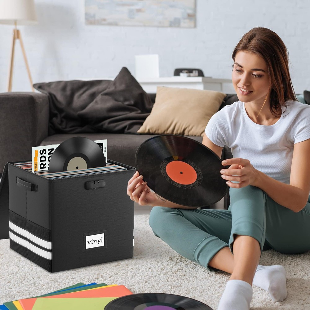 Vinyl Record Storage Box with Lock, Fireproof Waterproof Resistant Organizer ...