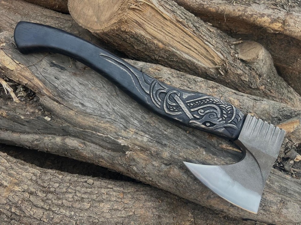 Custom Carbon Steel Viking Hatchet Axe with Engraved Handle