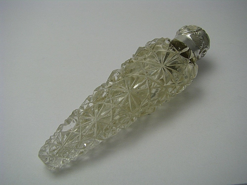 LAY DOWN STERLING SILVER & CRYSTAL SCENT FLASK by Charles May Birmingham ca1888