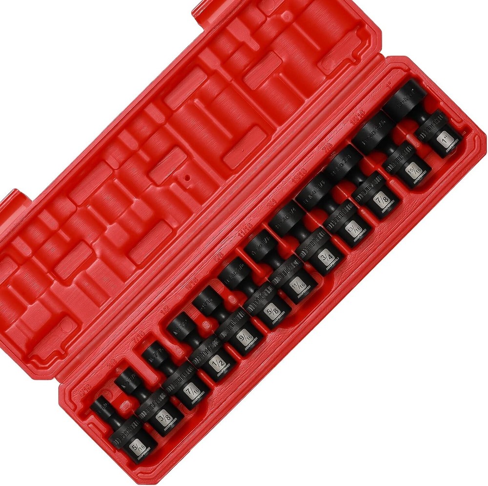3/8" Drive Shallow Impact Universal Joint Swivel Socket Set, SAE, 5/16" - 1"