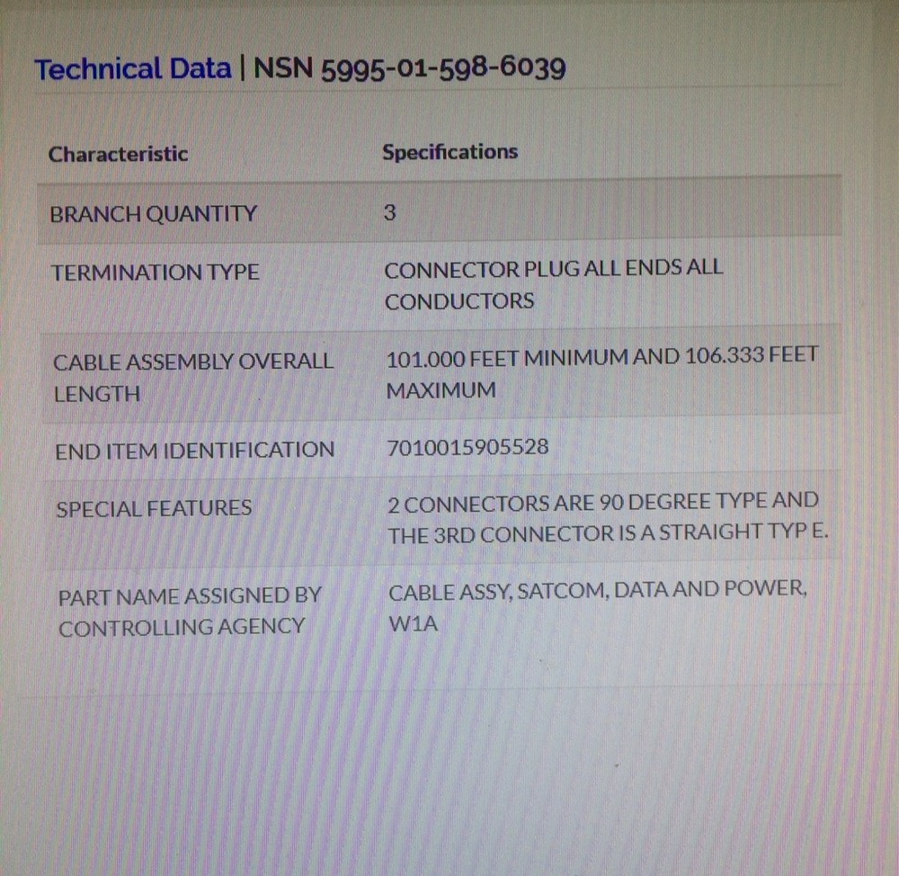 5995-01-598-6039 CABLE ASSY SATCOM DATA POWER 3 CONNECTORS 100FT 170382-2