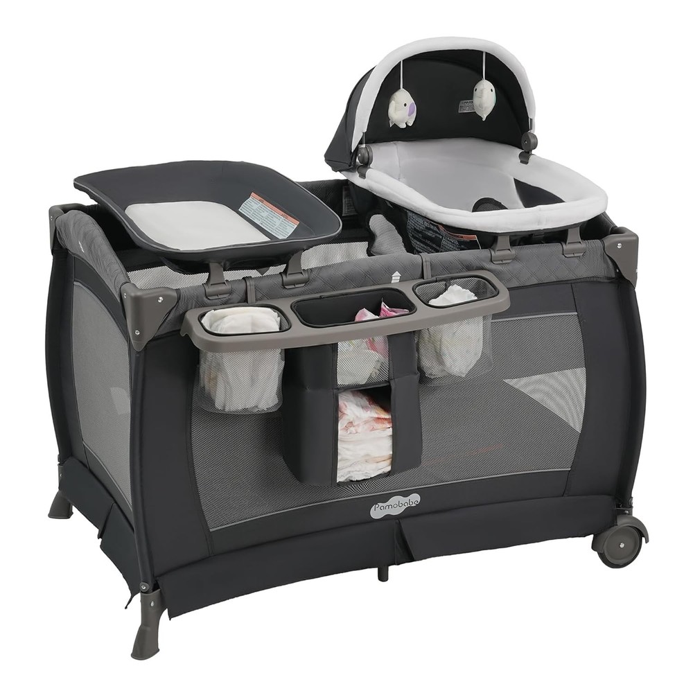 Foldable Playard with Changing Table & Diaper Organizer - For Newborns, Grey
