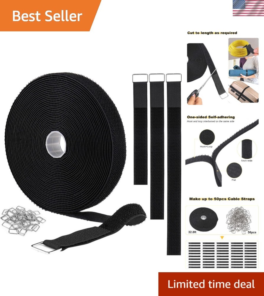 Durable Black Hook and Loop Straps - Adjustable & Reusable Cable Ties 50 Count