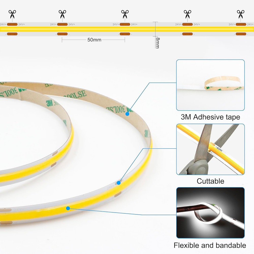 32.8Ft White COB LED Strip Light, High Bright LED Strips with 320Leds, RF Remote