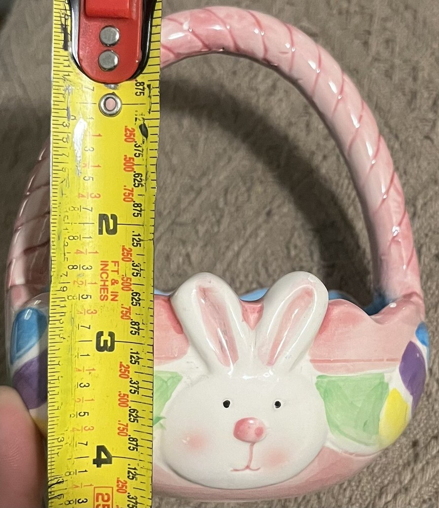 4.5” Hand Painted Pastel Ceramic Easter Basket Candy Dish Rabbit Egg Decoration