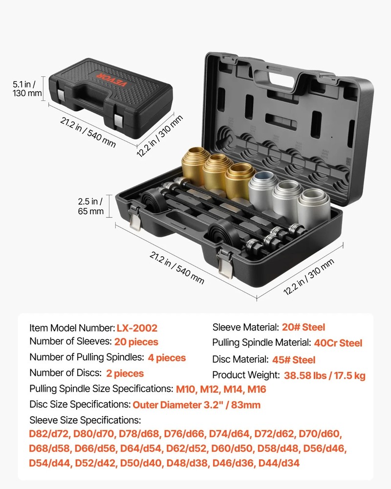 26-Pc Pull & Press Sleeve Kit, Steel Bushing Removal & Install Tools w/Case