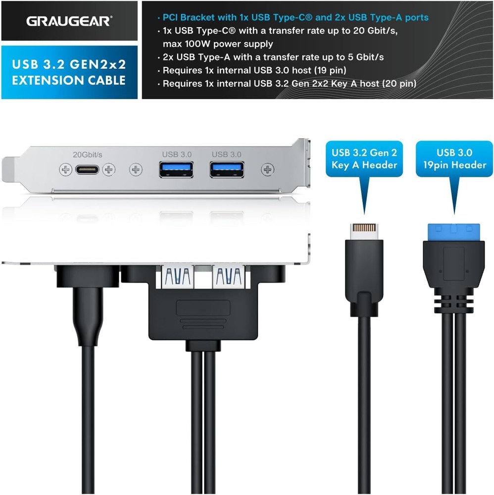 GRAUGEAR 20Gbps USB3.2 Gen2x2 USB-C Front Panel Adapter, Motherboard Silver