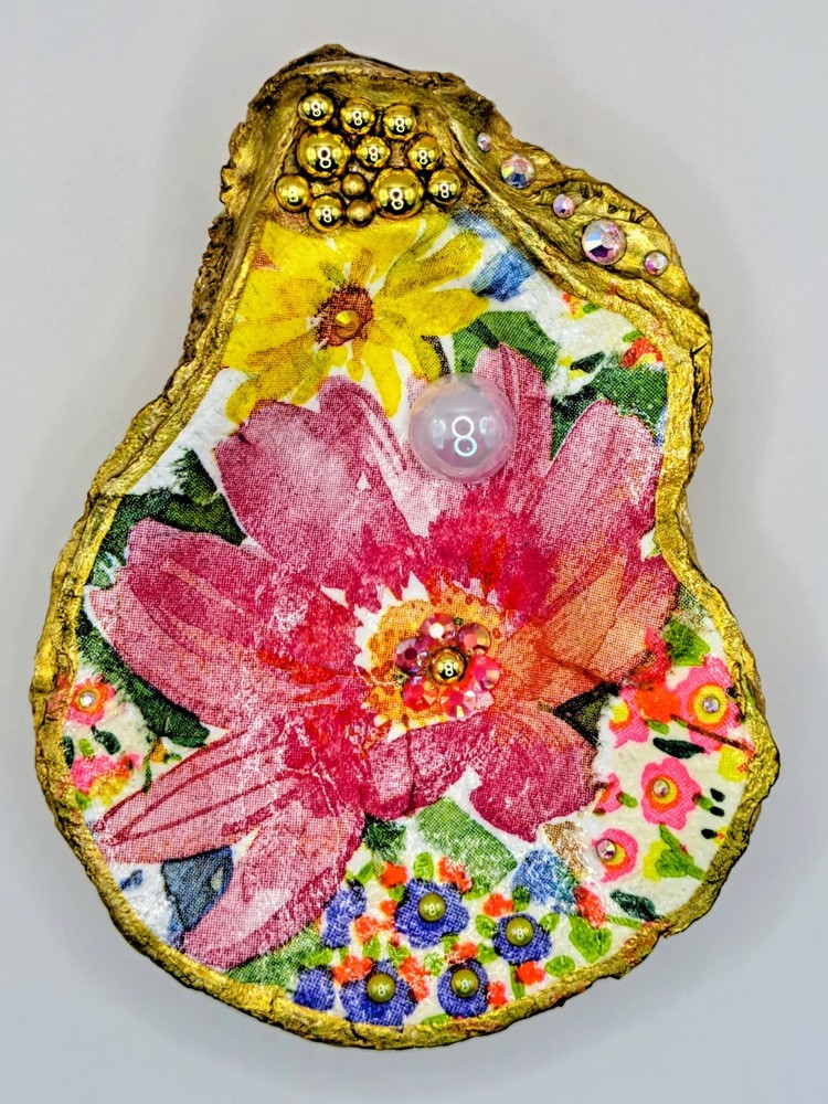 Handcrafted Decoupaged Floral Oyster Shell Ring/Trinket Dish