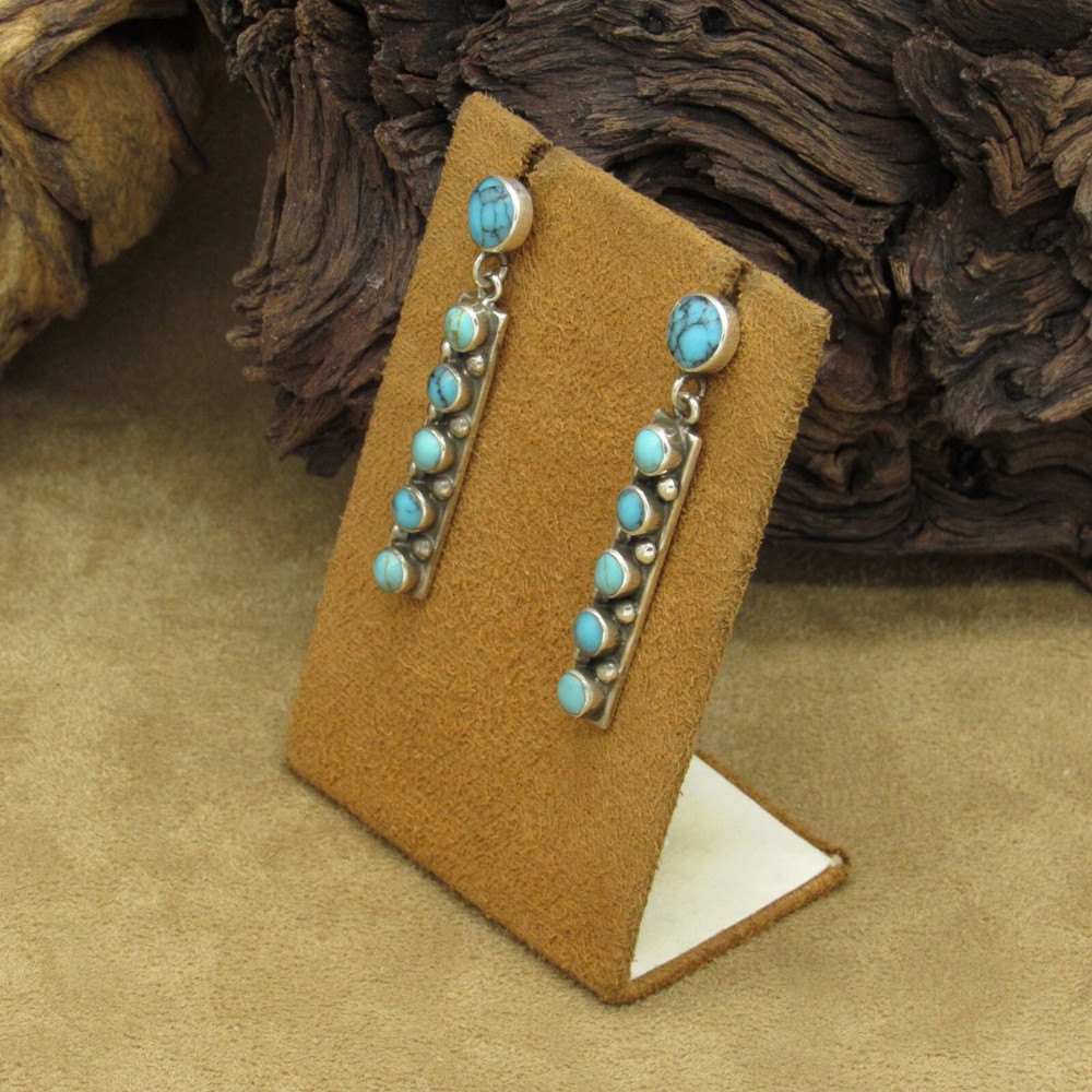 Showy Sterling Silver Block Turquoise Post Dangle Earrings