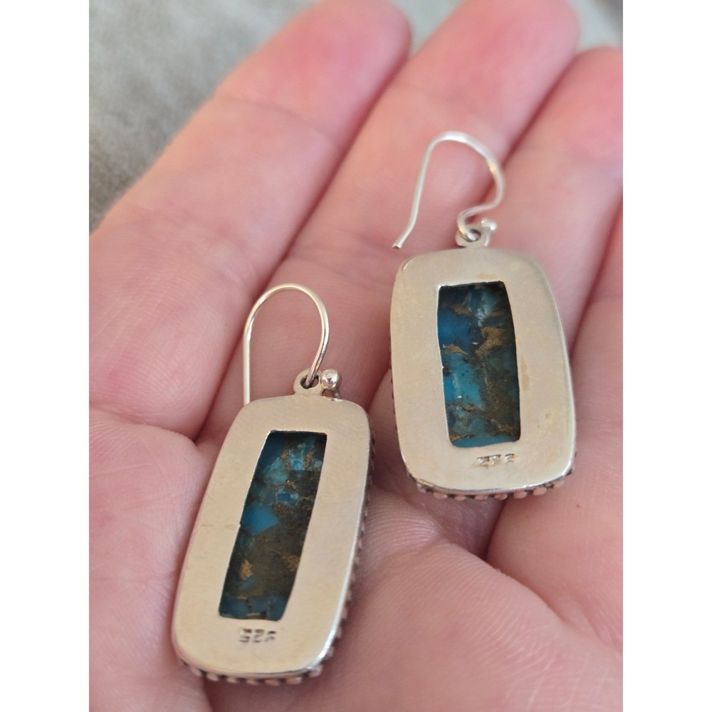 Turquoise Dangle Sterling Earrings Rectangular Copper Infusion