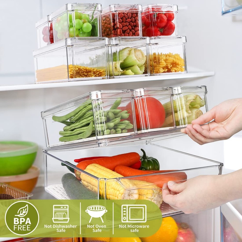 10 Pack Refrigerator Pantry Organizer Bins, Stackable 10-PACK, Transparent