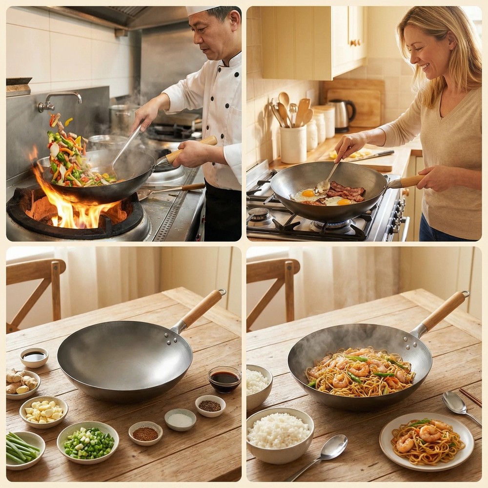 Home Kitchen Carbon Steel Work Round Bottom Work Flat Bottom Work 13.5" Cooking