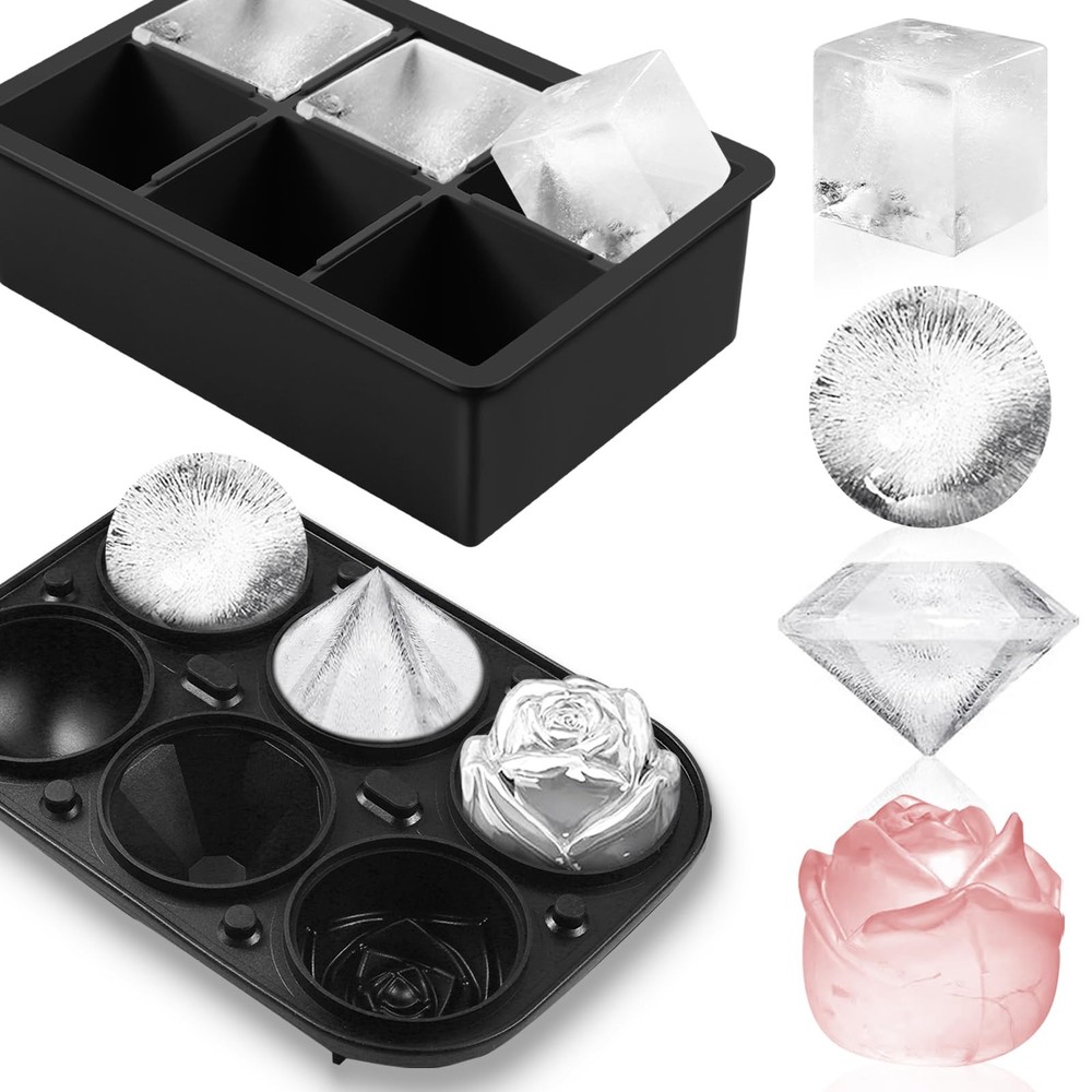 2Pack Silicone Square and Round Ice Cube Trays for Freezer - Sphere, Rose, Di...