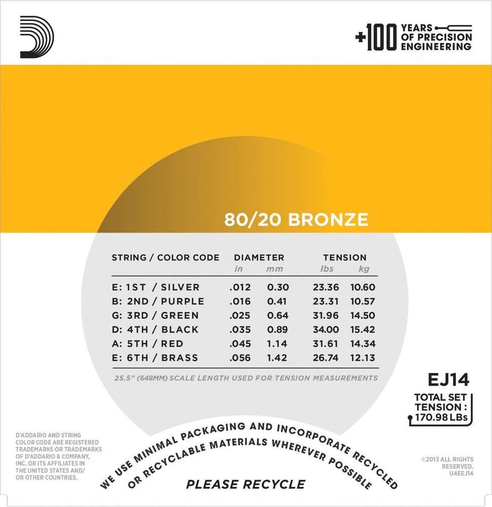 D'Addario EJ14 Guitar Strings 80/20 Bronze Light Top/Medium Bottom 12-56