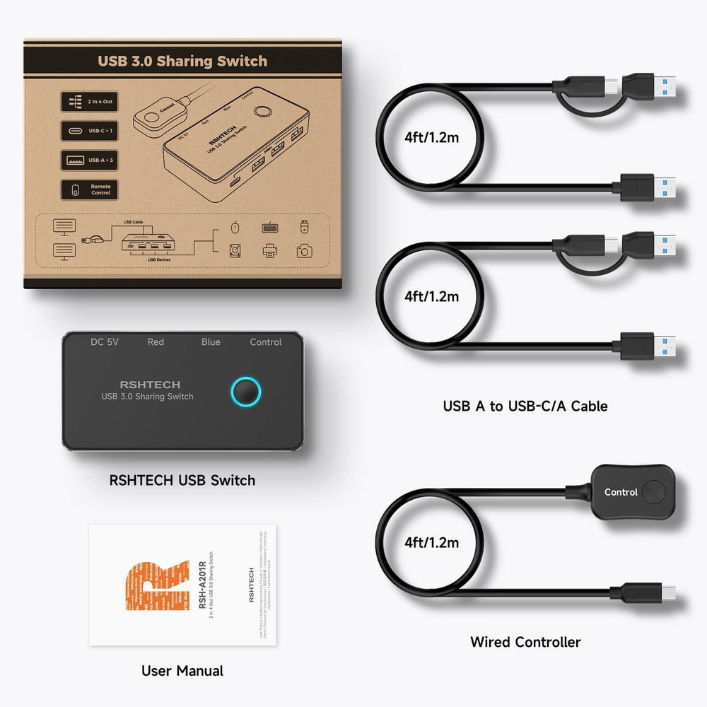 USB 3.0/USB C Switch 2 Computers Share 4 USB 3.0 Data Ports(3 USB-A+1 USB-C),...