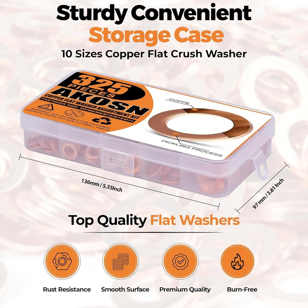 325 PCS Copper Metric Crush Washers Assortment Set – 10 Sizes Available