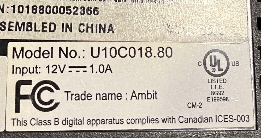 Ubee U10C018.80 Modem + Power Cord, New Open Box