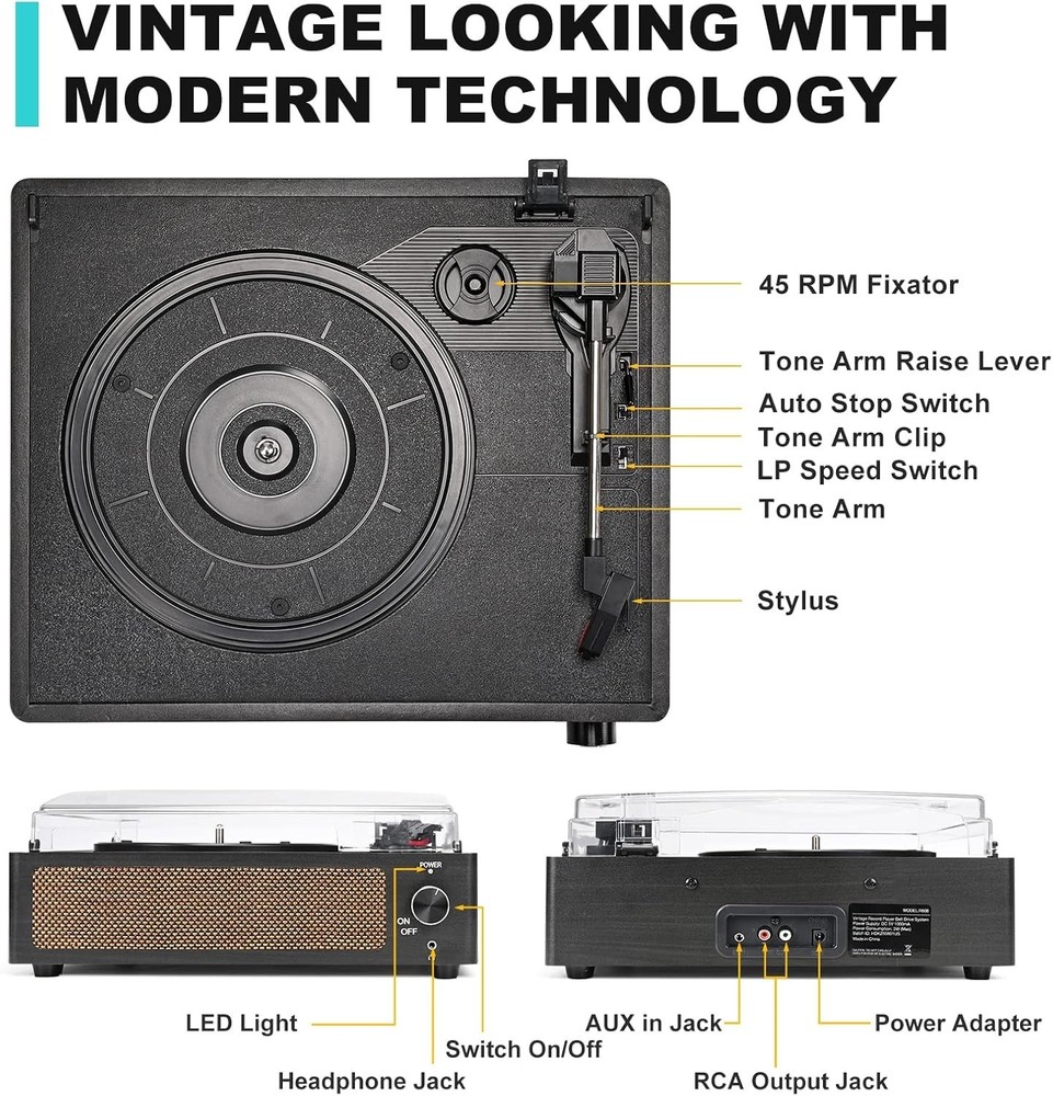 WOCKODER Record Player Bluetooth Turntable 3 Speed Built-in Speakers