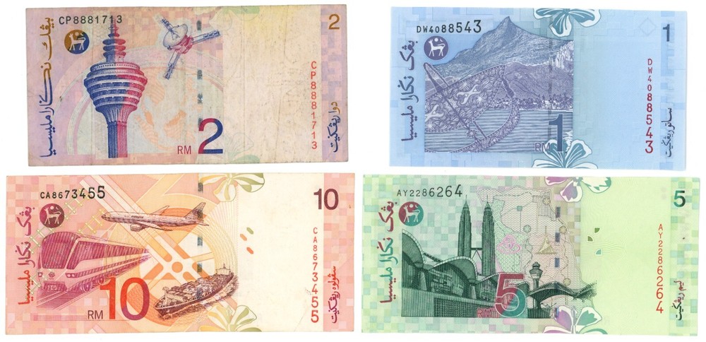 Assorted 1, 2, 5, 10 Malaysian Ringgit Notes - 4 Notes Included (62339)